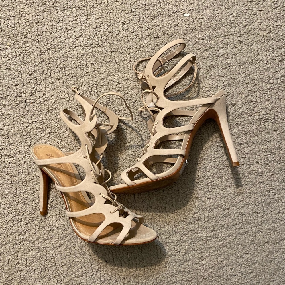 Schulz tan suede lace up heels